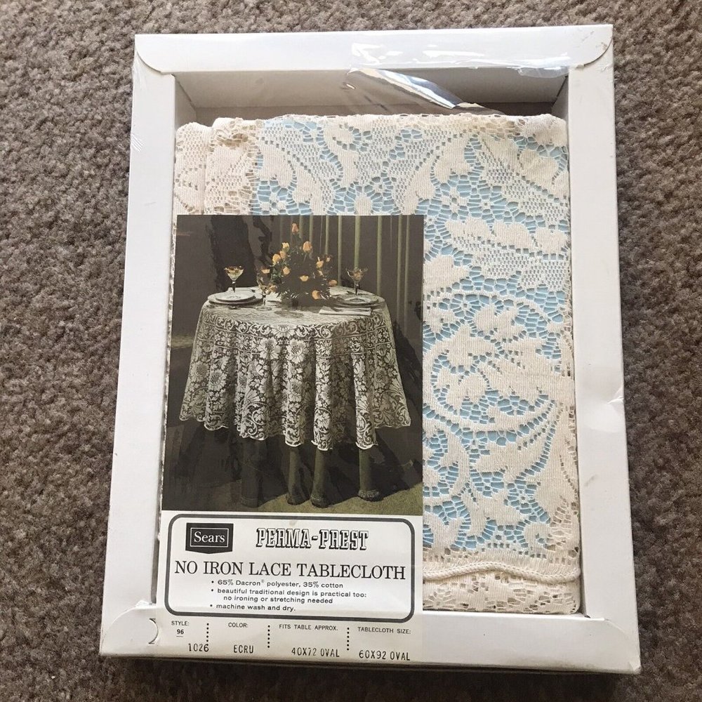 Vintage Sears Perma-prest Antique Ecru Lace 60" x 92" Oval Tablecloth